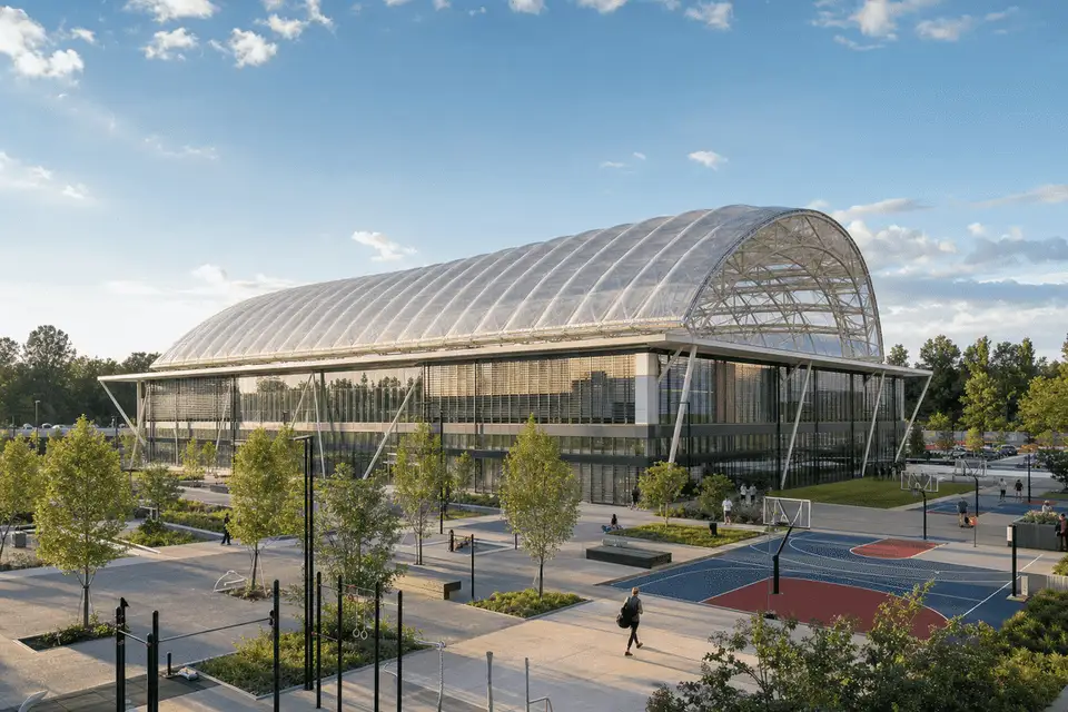 Daylit modern sports complex with translucent ETFE hall roof — Sports Complex ETFE Roofing systems