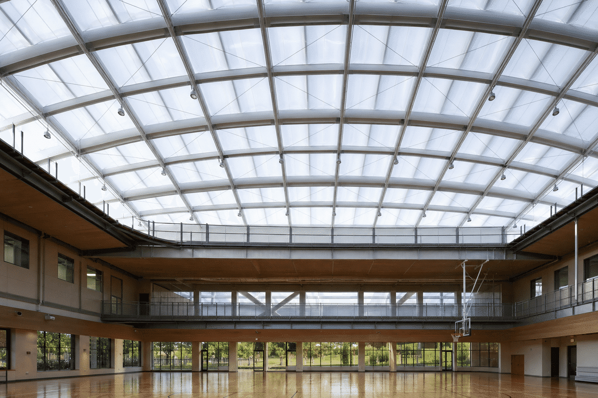 Completed sports complex hall with translucent ETFE roof
