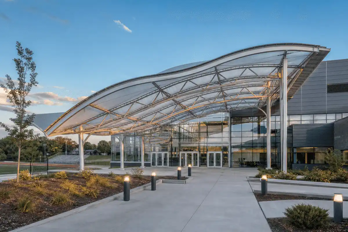 Sports complex entrance with elegant ETFE canopy — Sports Complex ETFE Roofing