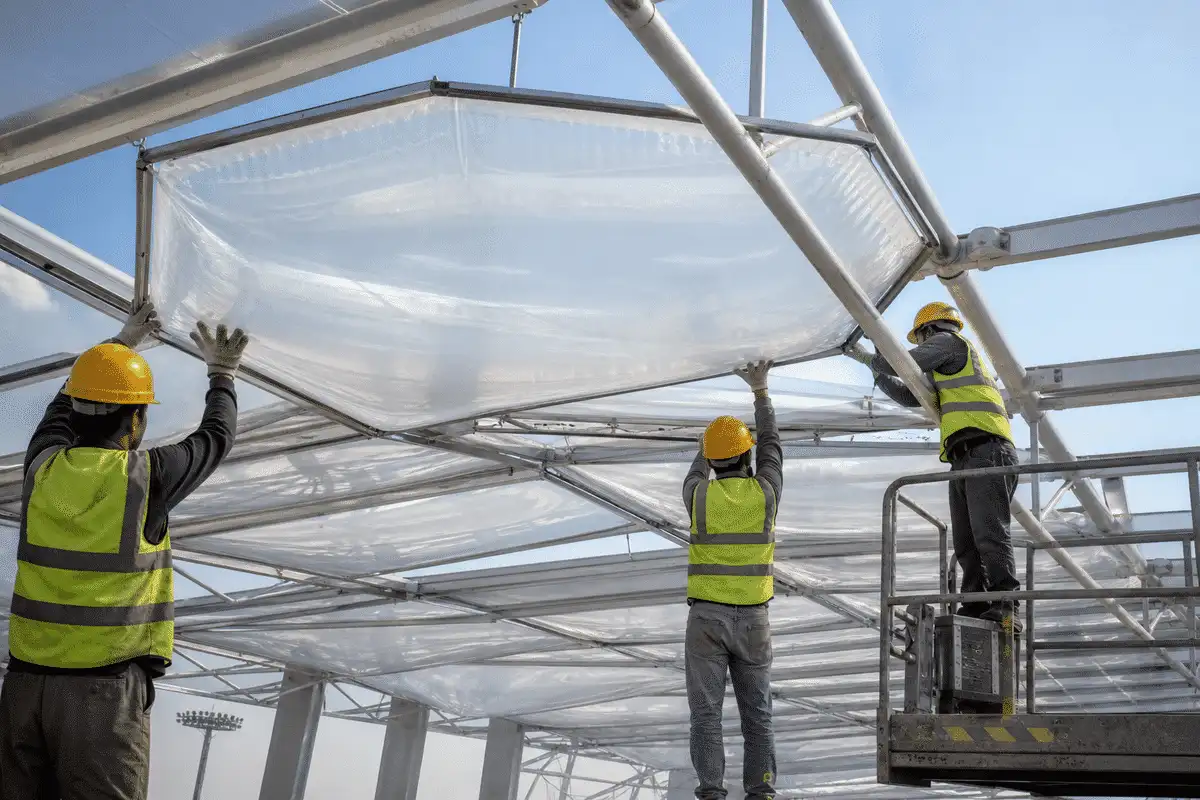 Still of multi-layer ETFE air cushion installation on a sportscomplex roof — Sports Complex ETFE Roofing systems