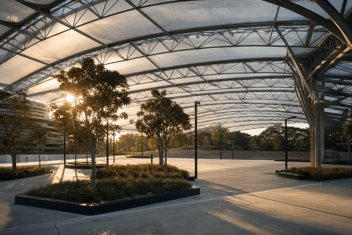 Still of daylight moving across a translucent ETFE sportscomplex canopy