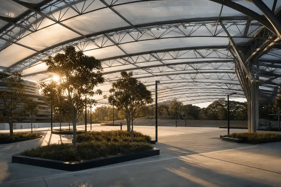 Still of daylight moving across a translucent ETFE sportscomplex canopy — Sports Complex ETFE Roofing systems