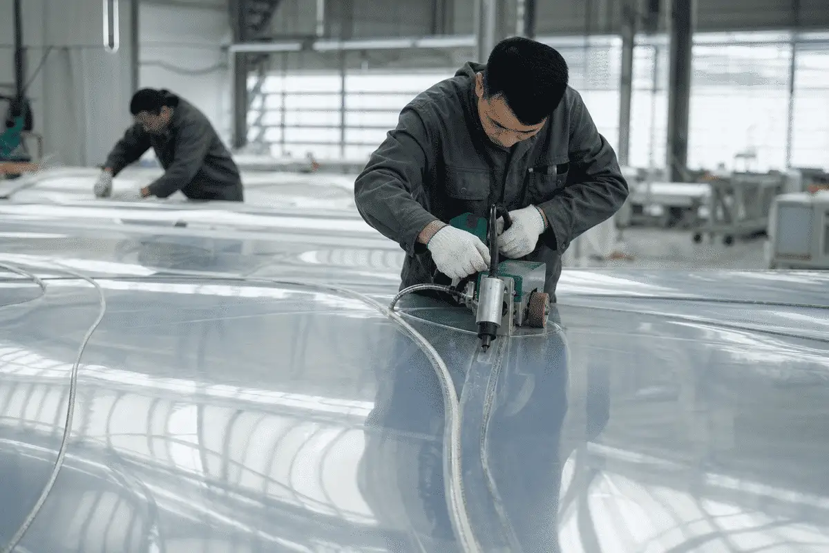 Still of precision welding and fabrication of ETFE film modules — Sports Complex ETFE Roofing systems