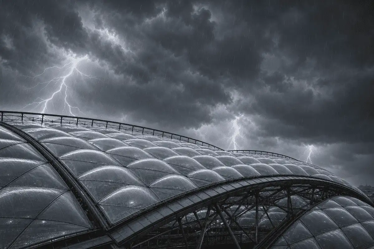 ETFE stadium roof under dramatic storm lighting and rain — Stadium ETFE Roofing systems