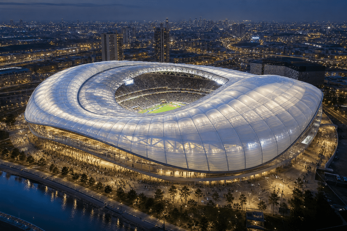 Freeform curved ETFE cushion field on a stadium roof
