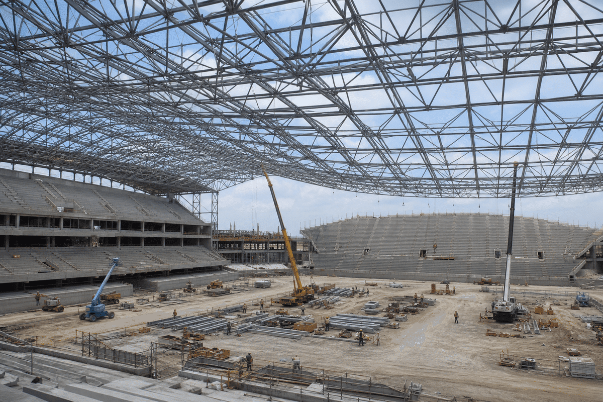 Primary steel roof grid prepared for stadium ETFE cushions