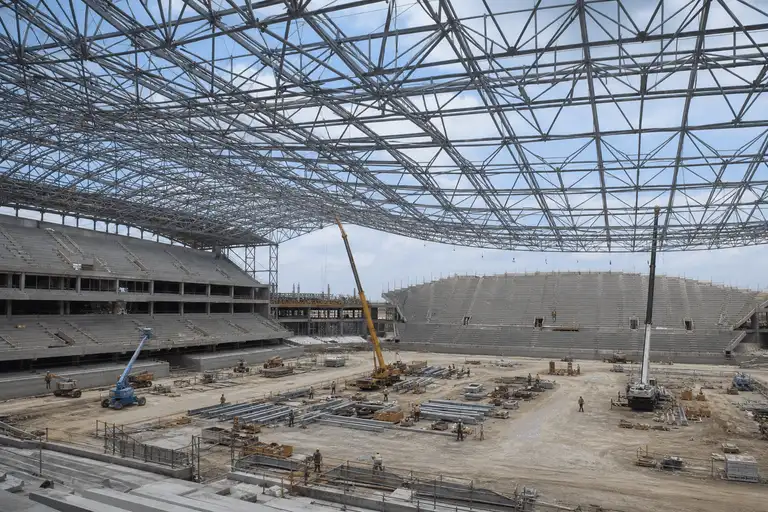 Primary steel roof grid prepared for stadium ETFE cushions — Stadium ETFE Roofing systems