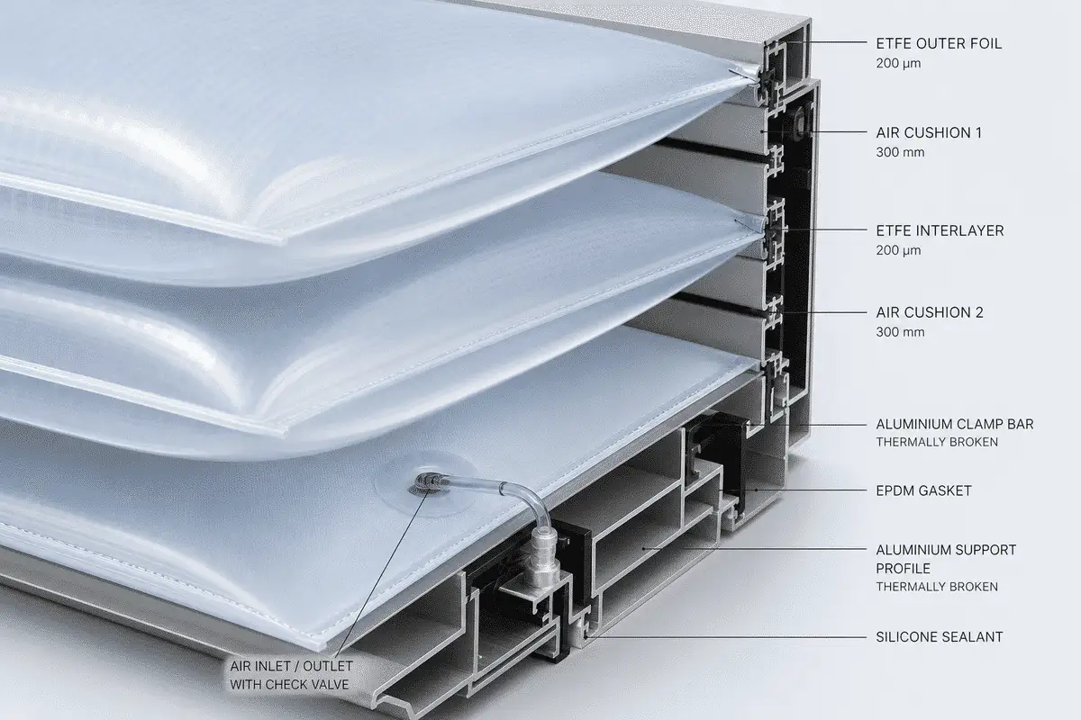 Detail of multi-layer translucent ETFE air cushion assembly — Stadium ETFE Roofing systems