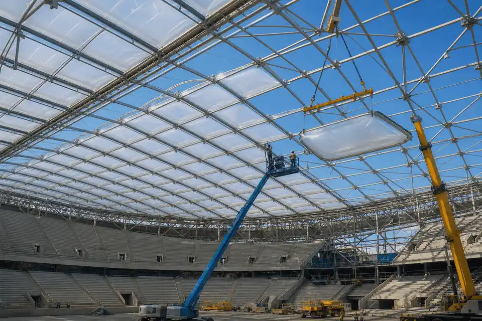 Construction stage installing ETFE modules on stadium steel grid — Stadium ETFE Roofing systems
