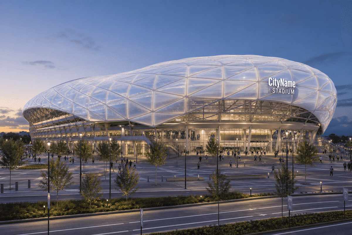 Completed stadium with finished ETFE roof envelope