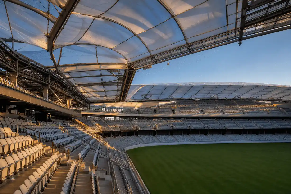 Sweeping translucent ETFE stadium roof geometry over an empty arena bowl at dusk — Stadium ETFE Roofing systems
