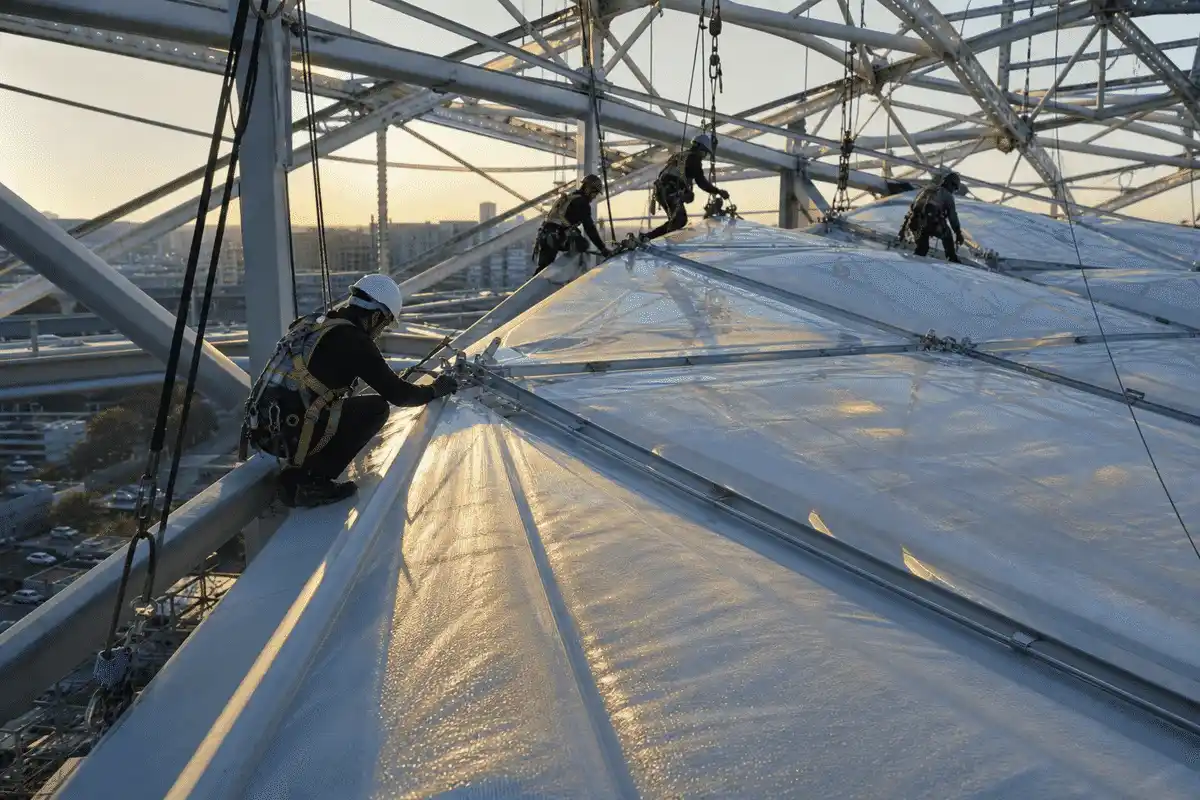 Construction crew installing ETFE cushion modules on a stadium roof grid — Stadium ETFE Roofing systems