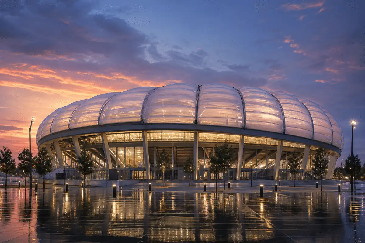 Completed sports stadium with translucent ETFE roof — Stadium ETFE Roofing