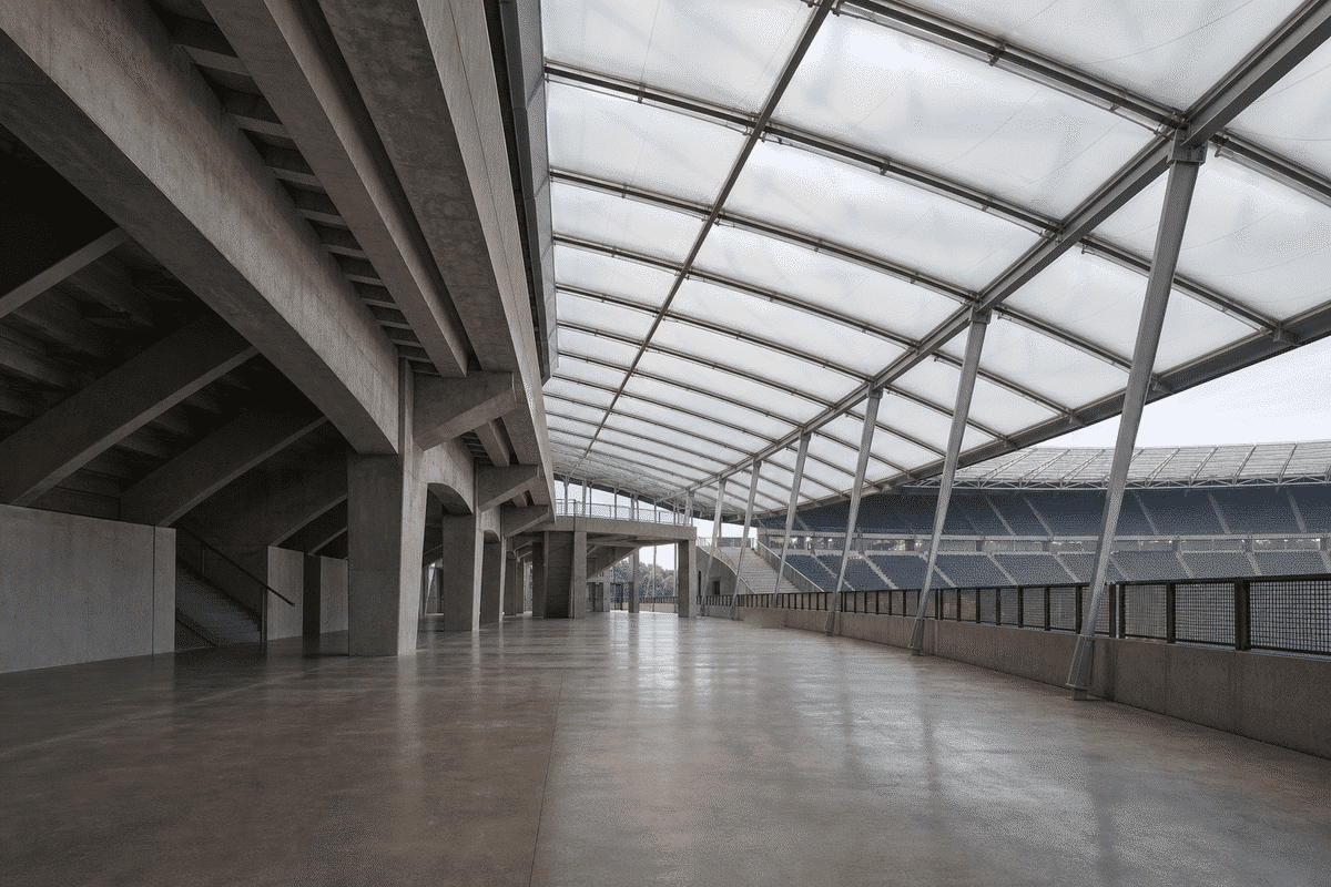Stadium concourse interior with sweeping ETFE skylight roof