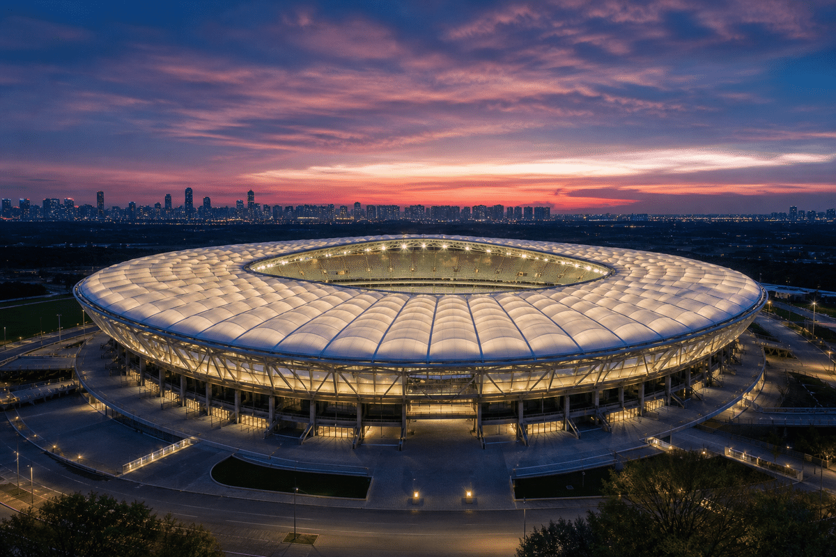 Still of multi-layer ETFE air cushion installation on a long-span stadium roof
