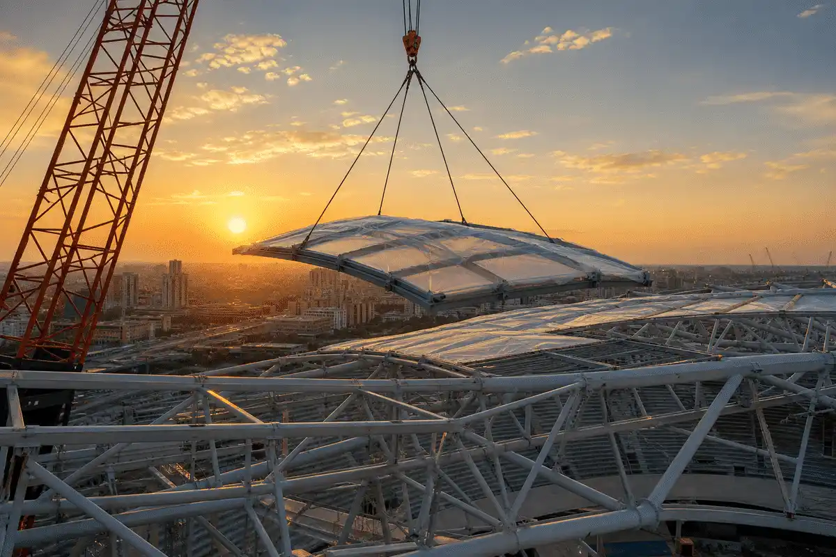 Still of daylight moving across a translucent ETFE stadium canopy — Stadium ETFE Roofing systems