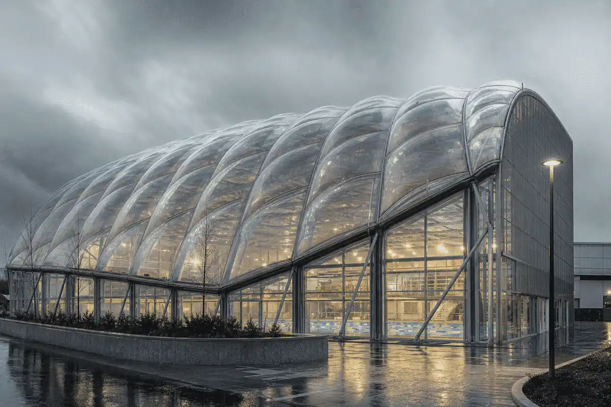 ETFE swimming pool roof under dramatic lighting with humid luminous interior — Swimming Pool ETFE Roofing systems