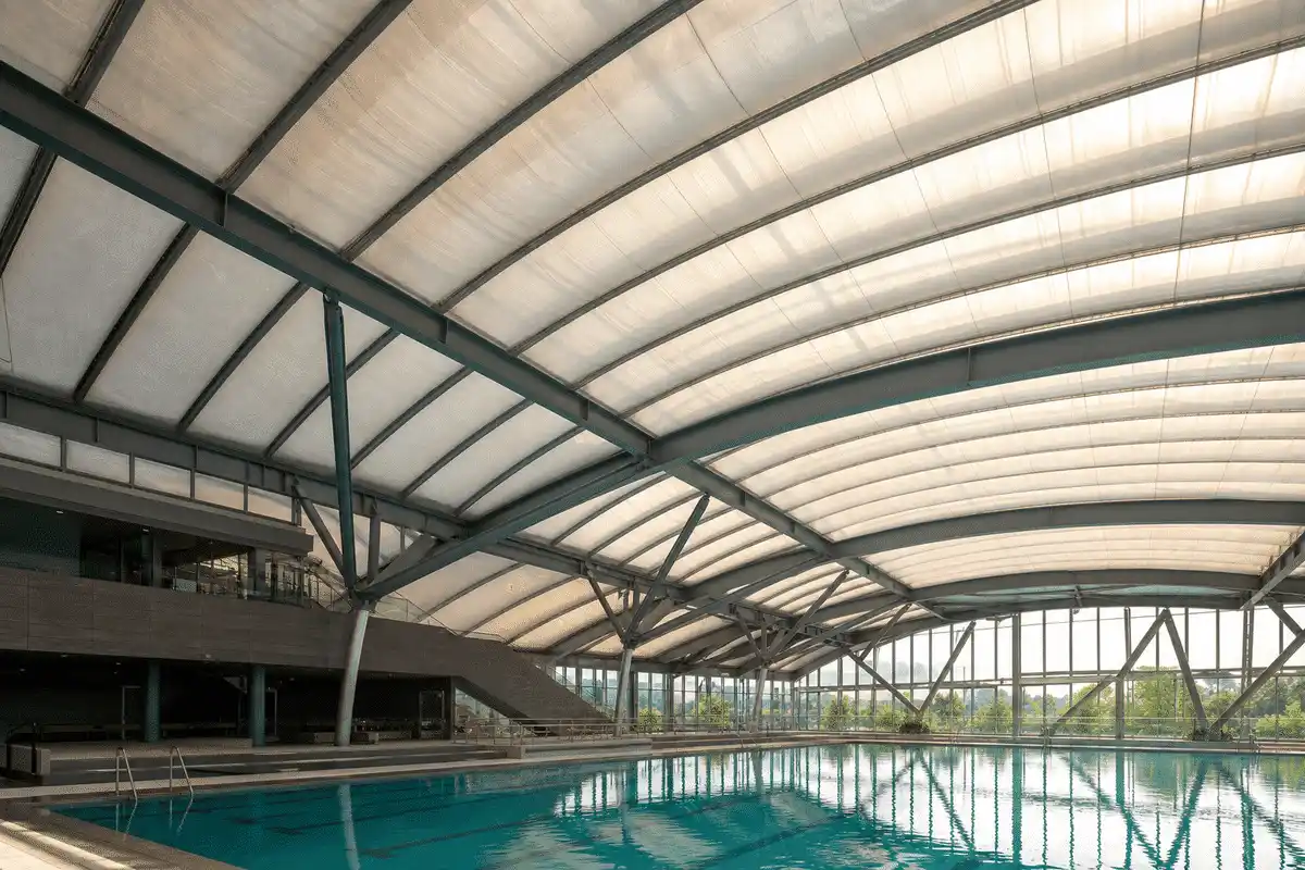 Interior looking up at a daylit ETFE cushion roof in an indoor swimming pool aquatic centre with ETFE roof