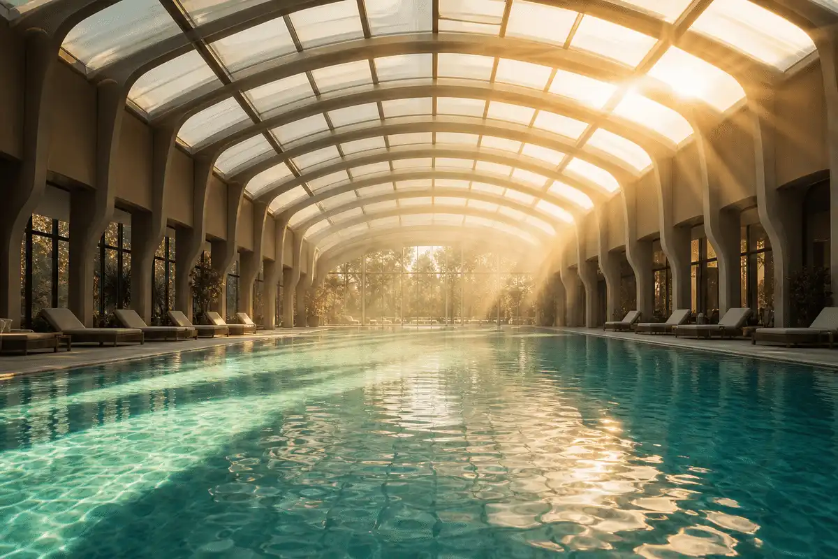 Translucent ETFE ceiling plane washing interiors with daylight — Swimming Pool ETFE Roofing systems