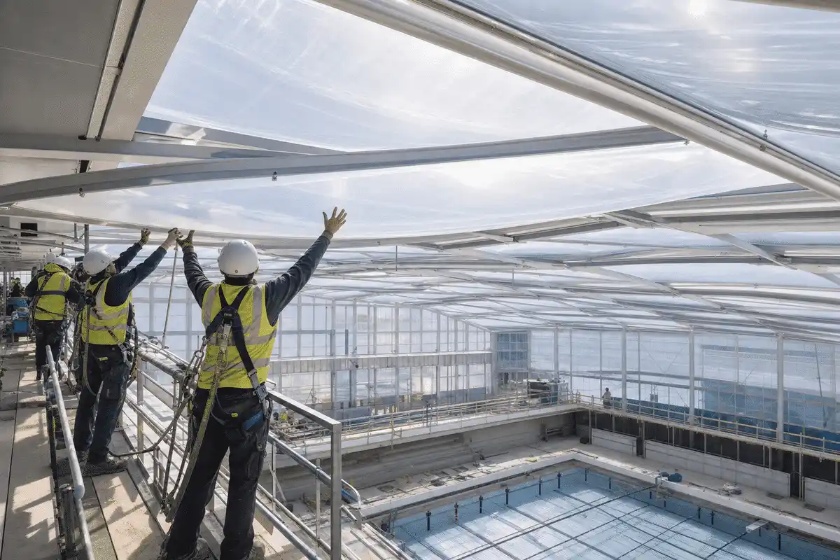 Construction crew installing ETFE modules on roof grid — Swimming Pool ETFE Roofing