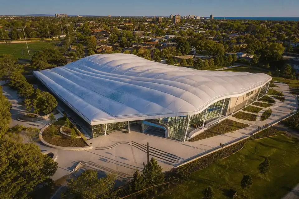 Completed building with translucent ETFE roof from above — Swimming Pool ETFE Roofing systems