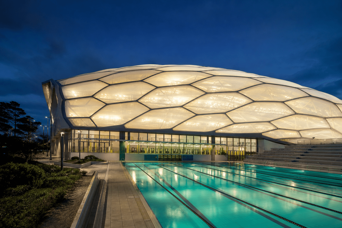 ETFE roof glowing softly at night