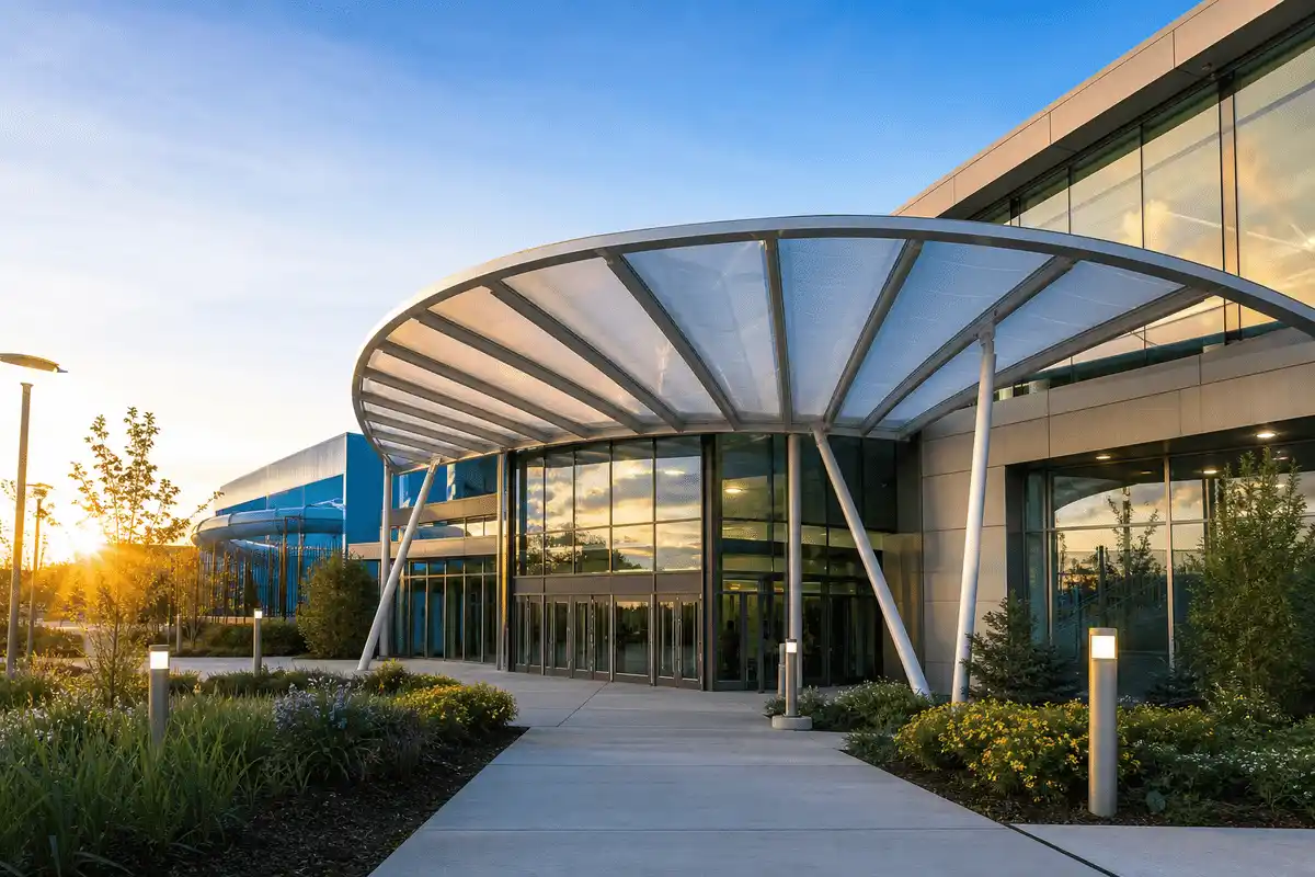 Swimming pool centre entrance with elegant ETFE canopy — Swimming Pool ETFE Roofing