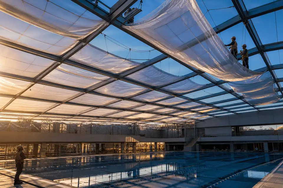 Still of multi-layer ETFE air cushion installation on a pool roof — Swimming Pool ETFE Roofing systems