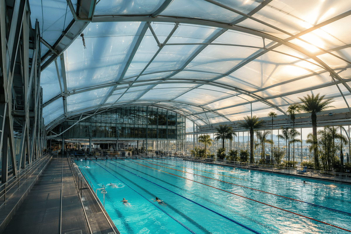 Still of daylight moving across a translucent ETFE pool canopy