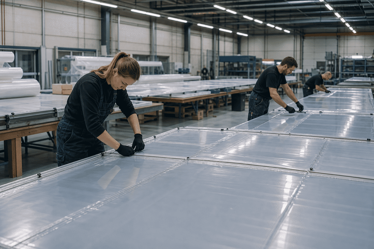 Still of precision welding and fabrication of ETFE film modules