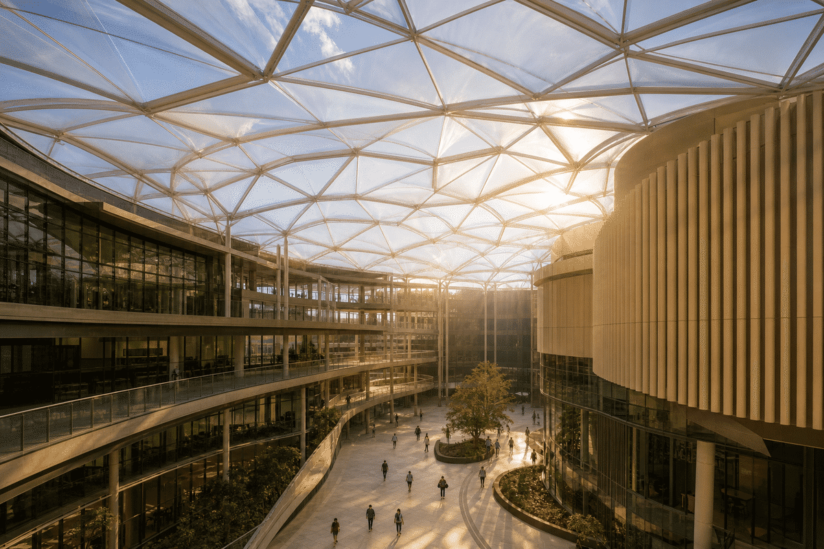 Natural daylight washing a university atrium through an ETFE roof