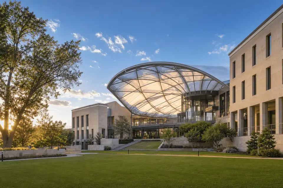 Exterior of a modern university campus with ETFE roof — University ETFE Roofing