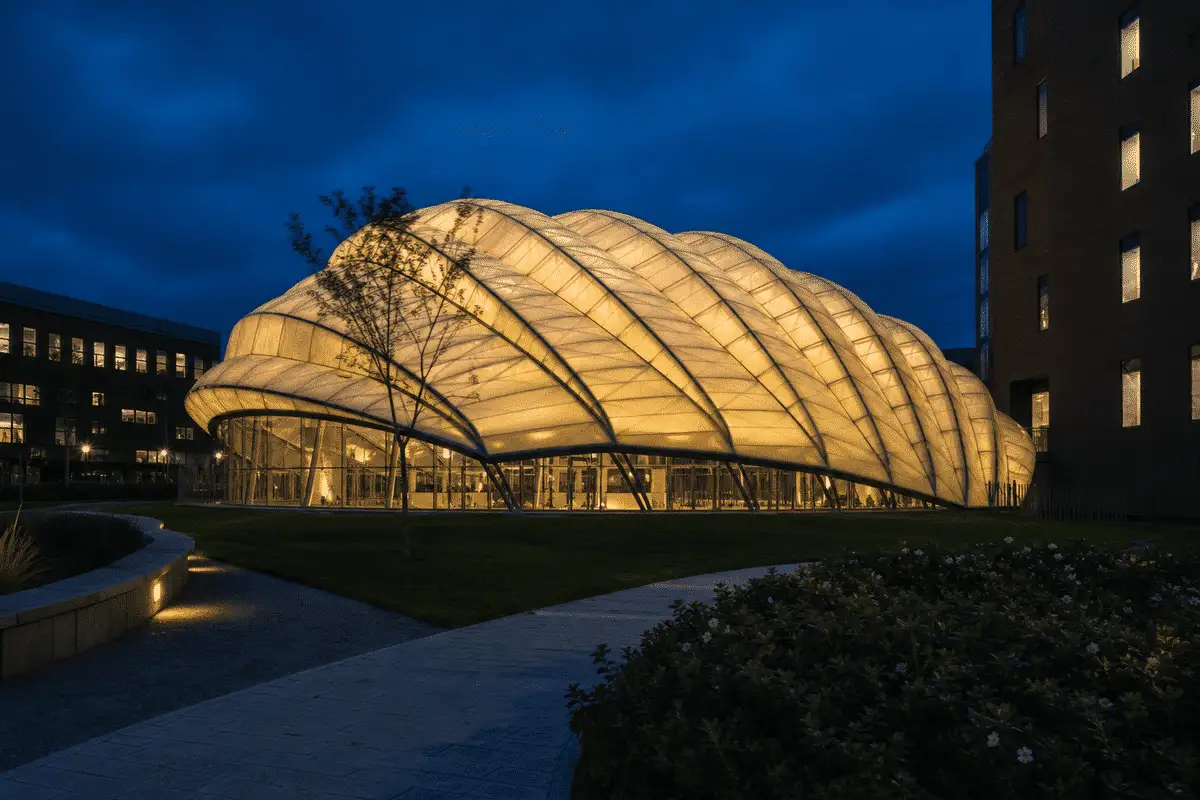 ETFE roof glowing softly at night — University ETFE Roofing