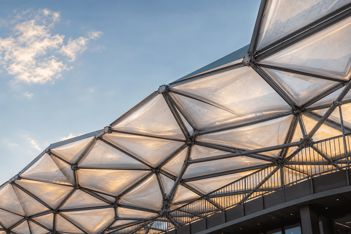 Still of daylight moving across a translucent ETFE university canopy
