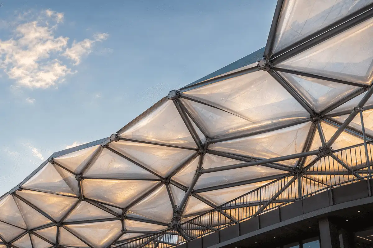 Still of daylight moving across a translucent ETFE university canopy — University ETFE Roofing systems