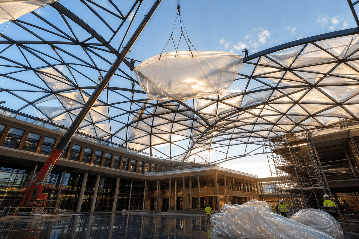 Still of precision welding and fabrication of ETFE film modules