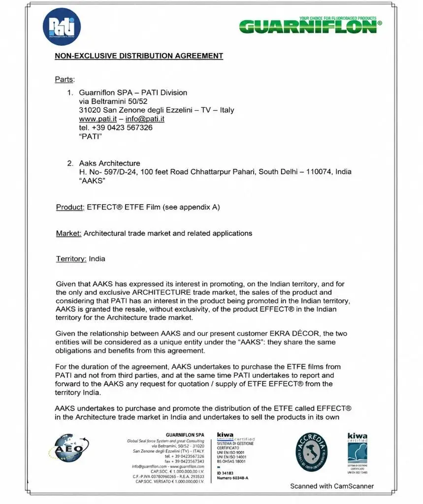 Official PATI ETFE Film Distribution Agreement – AAKS Architecture — ETFE film supplier India
