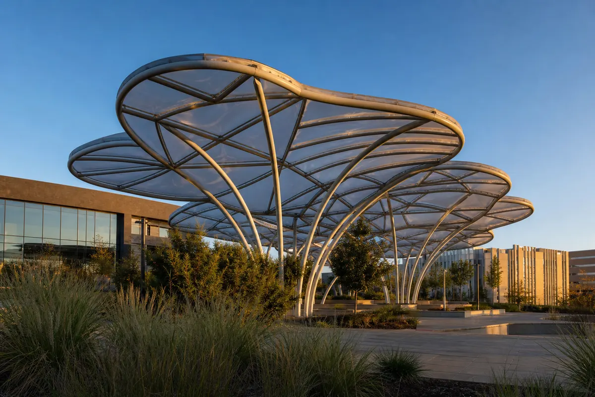 Airport terminal entrance canopy daylit through a tensioned ETFE membrane