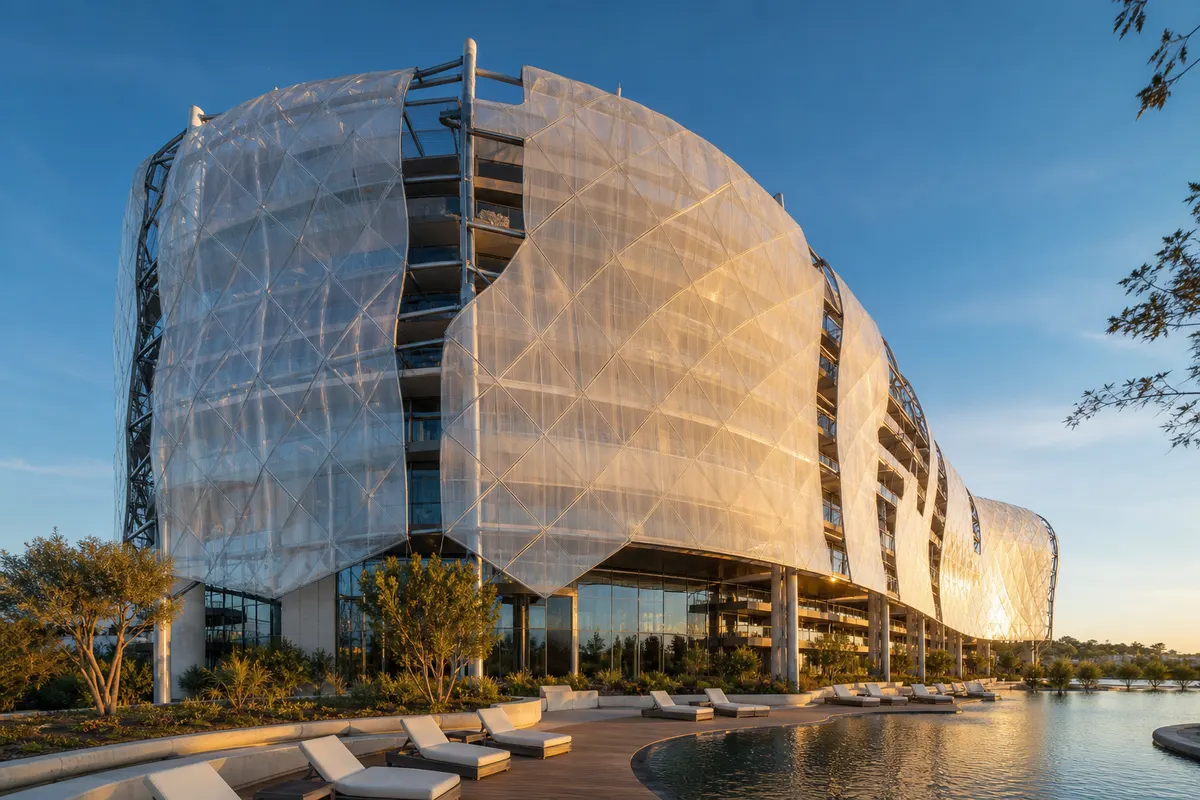 Commercial building elevation clad in a translucent ETFE façade envelope