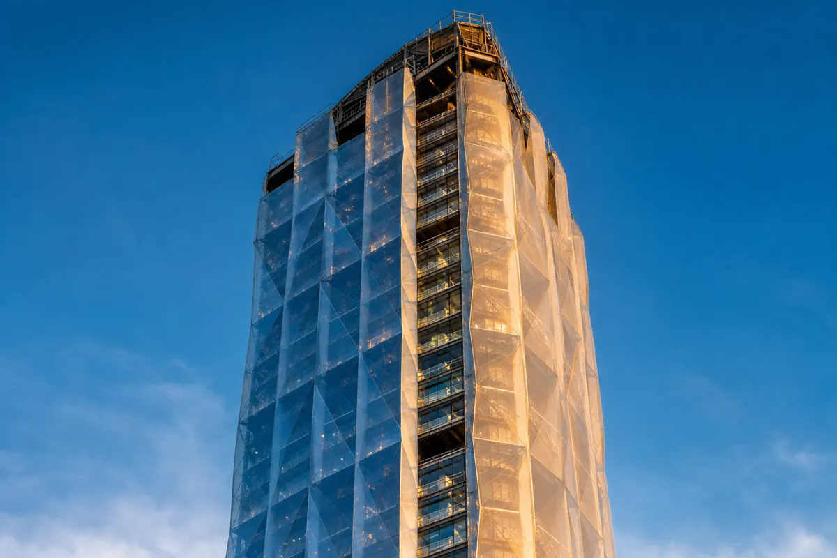 Commercial building elevation clad in ETFE façade