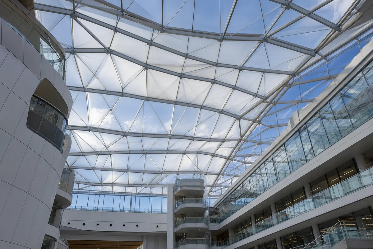Convention centre atrium roof built with transparent ETFE skylight cushions