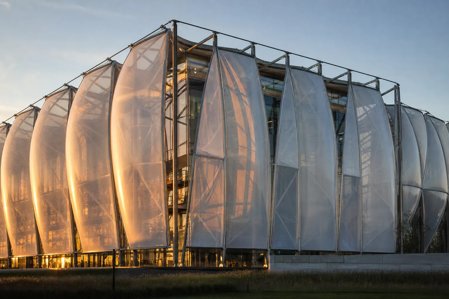 Luminous ETFE façade cladding a modern commercial building at dusk