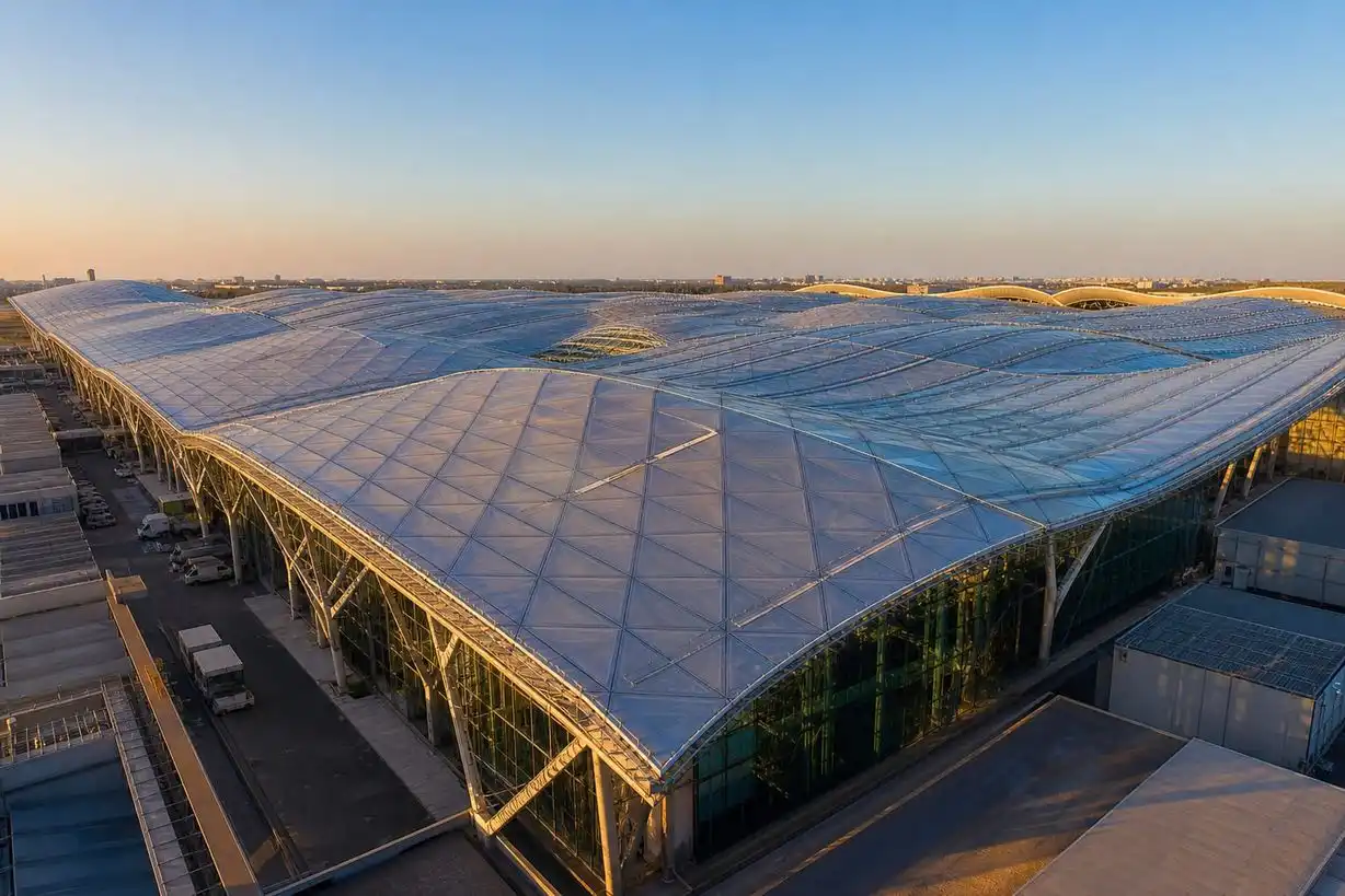 Large-span ETFE roofing system covering an airport terminal with luminous daylight