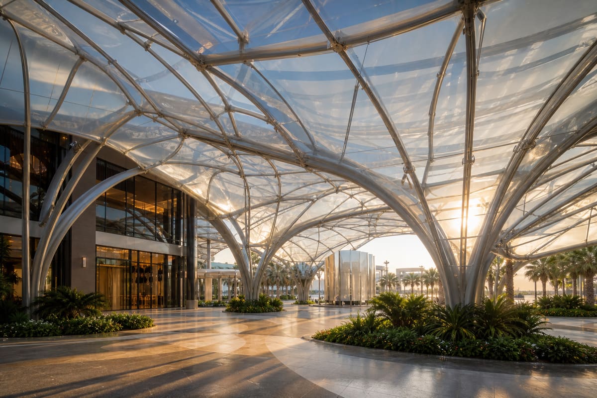 Elegant ETFE canopy over a contemporary outdoor plaza
