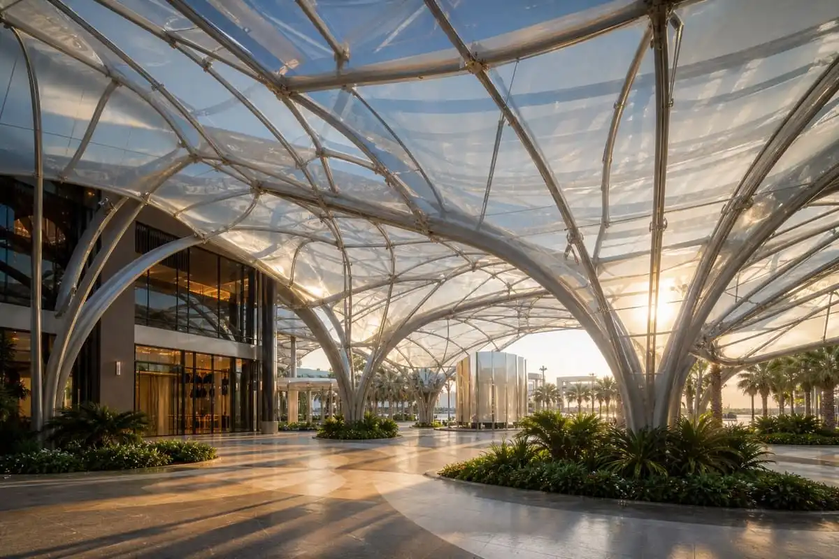 Elegant ETFE canopy over a contemporary outdoor plaza — ETFE architecture