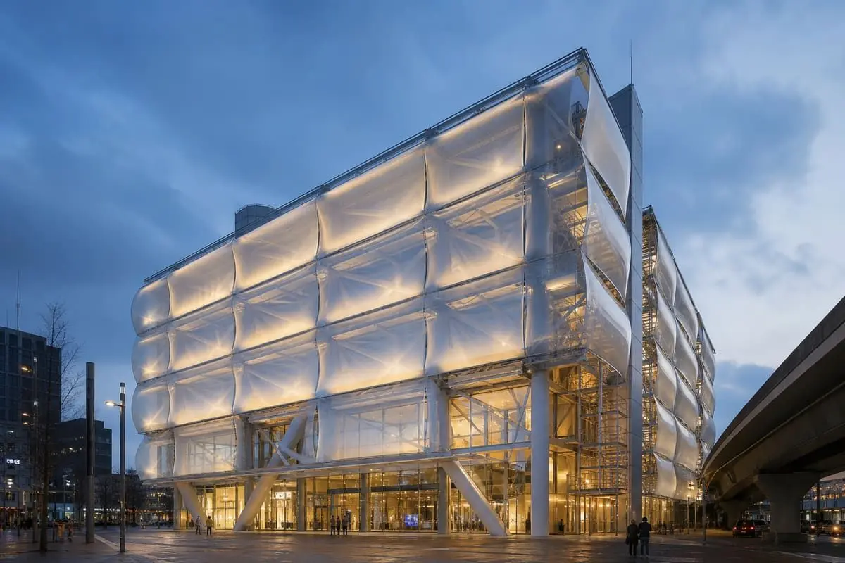 Modern commercial building with luminous ETFE façade — ETFE architecture