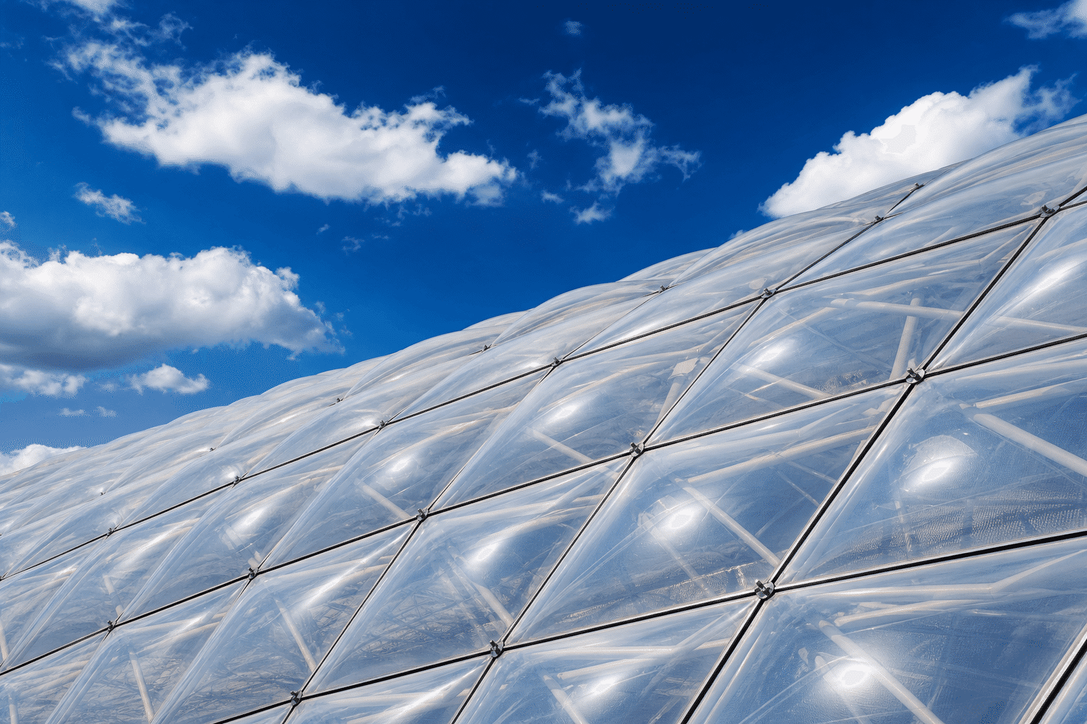 Translucent ETFE roof structure under a clear blue sky
