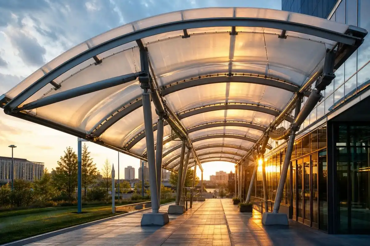 Elegant ETFE canopy structure for entrances and walkways — ETFE film supplier India — ETFE film supplier India