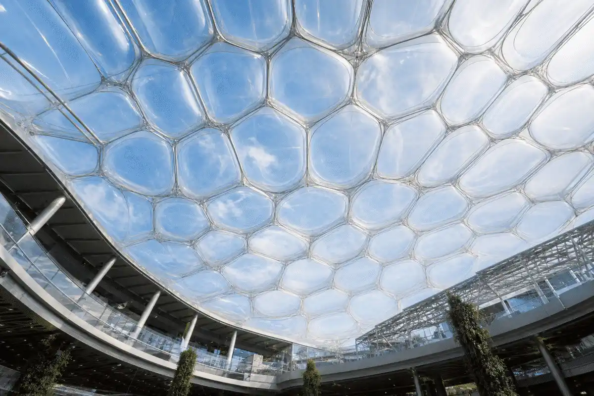 Interior under ETFE cushion roof in modern transit hall — ETFE technical guide — ETFE technical guide