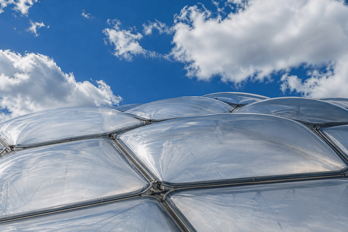 Inflated ETFE air cushion pillows on modern steel roof grid